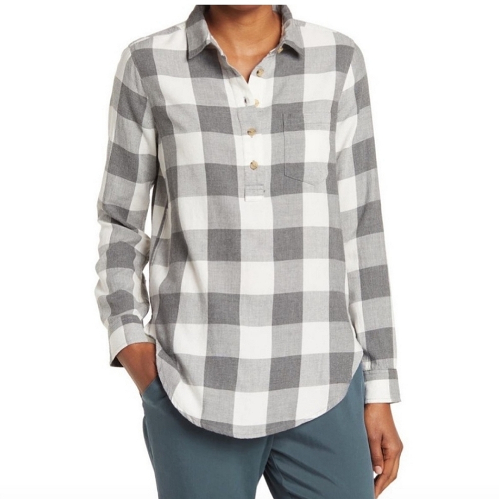 Marine Layer Women's Carla Relaxed Popover Buffalo Check Long Sleeve Grey EUC